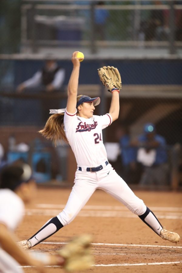 April 15, 2018.   Junior pitcher Gina Snyder (24) during the Wildcats 10-3 loss to the UCLA Bruins.  Hillenbrand Memorial Stadium, Tucson, AZ.