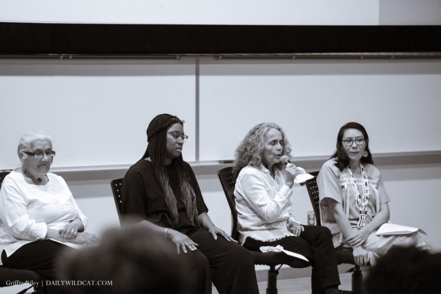 (from left to right) Rubio Goldsmith, Tiera Rainey, Isabel Garcia, and Hannah Throssell speak to students about immigration on Mar. 27 at the University of Arizona. The panel was brought together for the Immigrant Student Resource centers Forgotten in the Desert event.