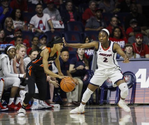 Arizona's sophomore guard, Aari Mcdonald playing defense in the game against the Pacific Tigers on Sunday, March 24, 2019. The final score of the game was 64-48, a win for the Wildcats.