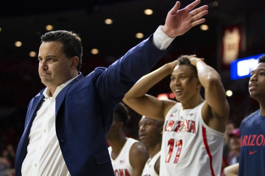 Arizona Mens basketball Head Coach Sean Miller directs a call while this team complains about what they think was a wrong  call during the Arizona-Arizona State game on Saturday, March 9, 2019 at the McKale Center in Tucson, Ariz.
