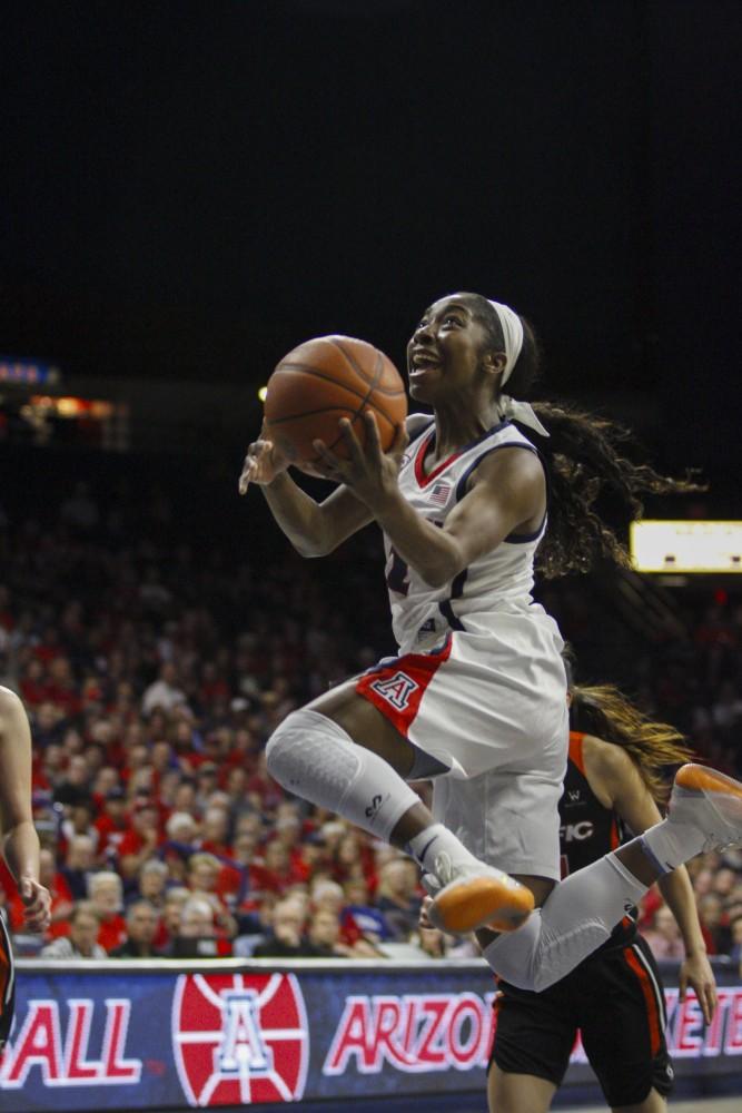 Arizona's sophomore guard, Aari Mcdonald going for a layup in the game against the Pacific Tigers on Sunday, March 24, 2019. The final score of the game was 64-48, a win for the Wildcats. 