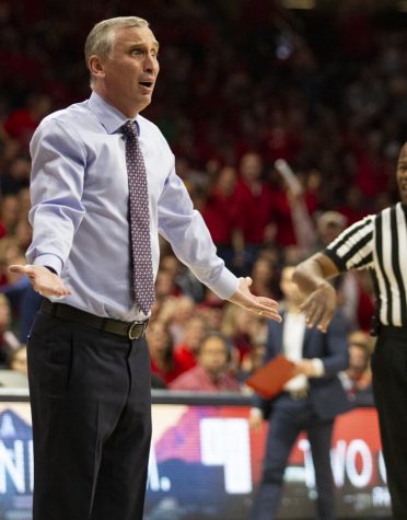 Arizona State Head Coach Bobby Hurley steps onto the court to complain a technical called against his player during the Arizona-Arizona State game on Saturday, March 9, 2019 at the McKale Center in Tucson, Ariz.