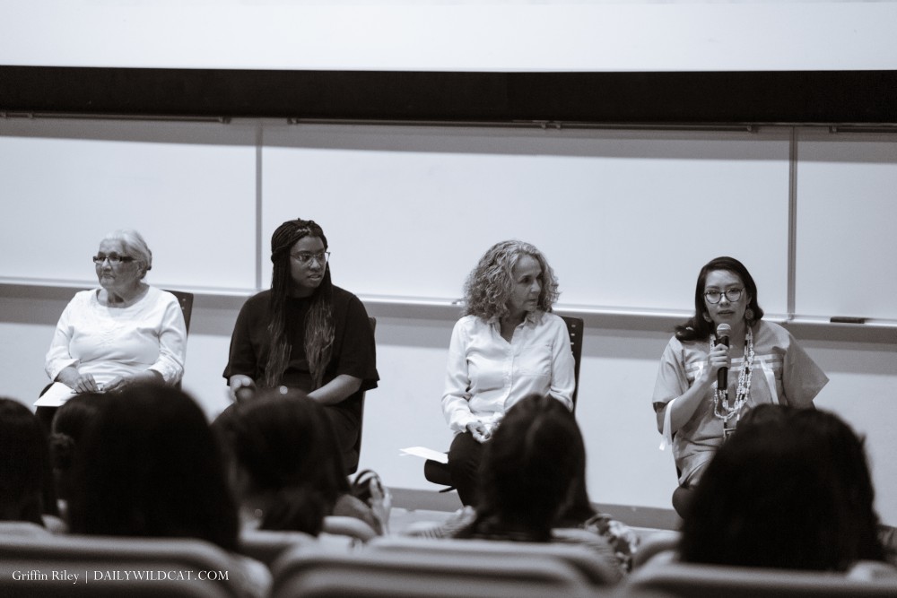 (from left to right) Rubio Goldsmith, Tiera Rainey, Isabel Garcia, and Hannah Throssell speak to students about immigration on Mar. 27 at the University of Arizona. The panel was brought together for the Immigrant Student Resource center's "Forgotten in the Desert" event.