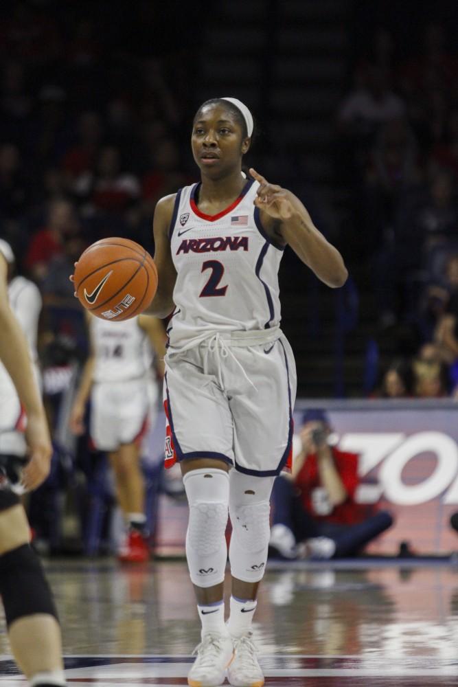 Arizona's sophomore guard, Aari Mcdonald looking for a teammate to pass the ball to in the game against the Pacific Tigers on Sunday, March 24, 2019. The final score of the game was 64-48, a win for the Wildcats. 