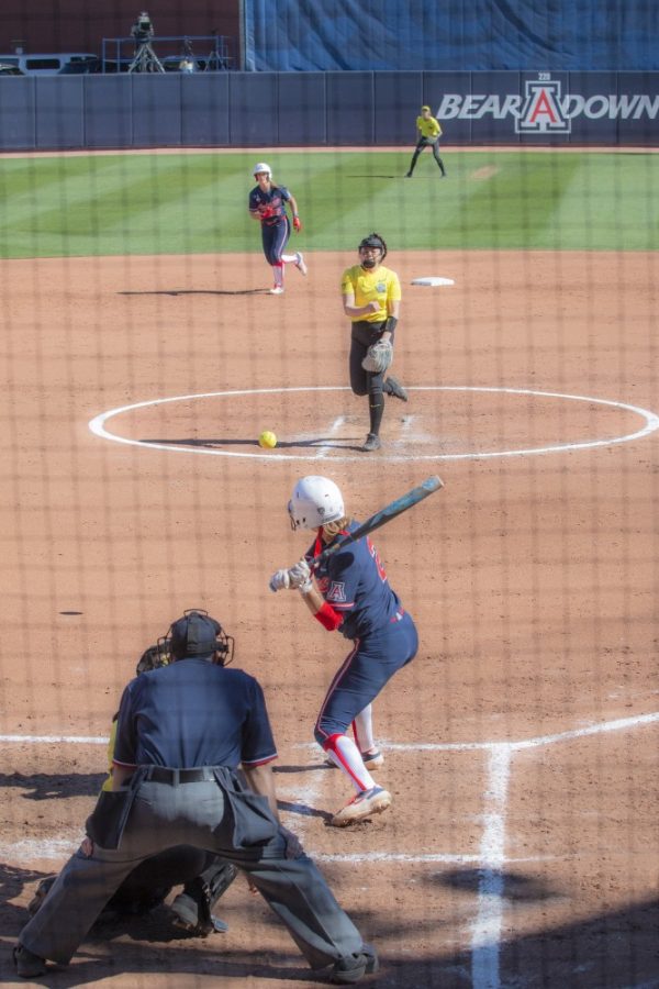 Hannah Martinez (2) up at bat Saturday March. 16 in Tucson Ariz. In the Hillenbrand Stadium. Arizona softball run-rules Oregon. 

