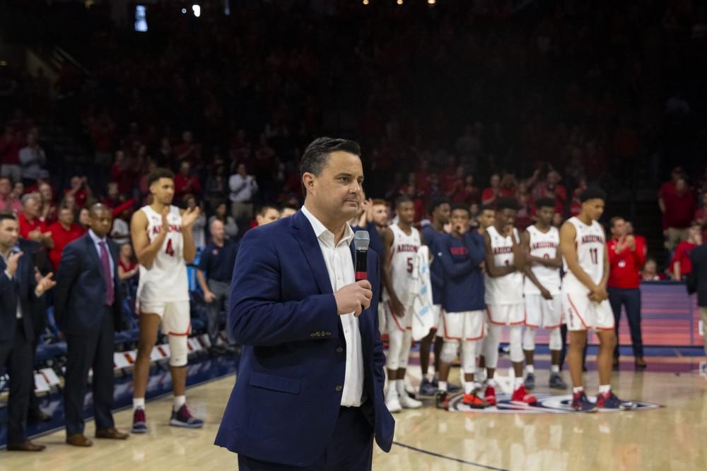Arizona Men's basketball Head Coach Sean Miller gives a few words about the seniors on the team during the senior night ceremony after the Arizona-Arizona State game on Saturday, March 9, 2019 at the McKale Center in Tucson, Ariz.