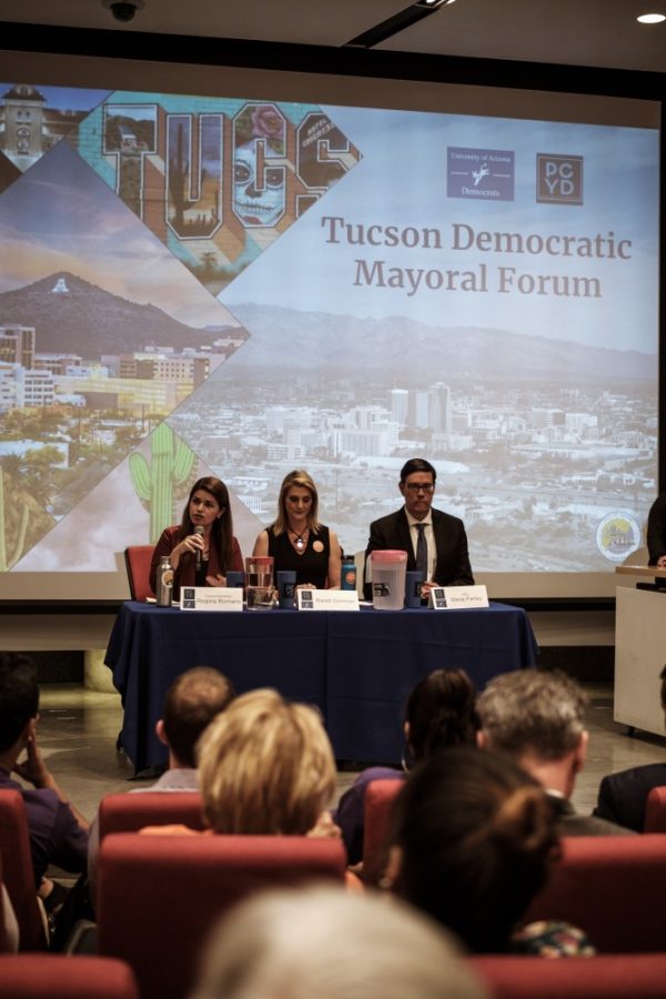 (left to right) Regina Romero, Randi Dorman, and Steve Farley at the Tucson Democratic Mayoral Forum on Apr. 18 in Tucson, Ariz. The forum was held on the University of Arizonas campus by the university Democrats and the Pima County Young Democrats.