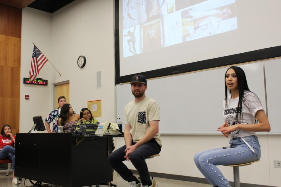  Designers Quinlan Wichita (left) and Elizabeth Villasenor (right) talk to UA students about their startup clothing lines at McClelland Park on Wednesday, April 24, 2019. UA TREND Fashion Club will host The UA Runway Show on Saturday at 4:30 p.m. 
