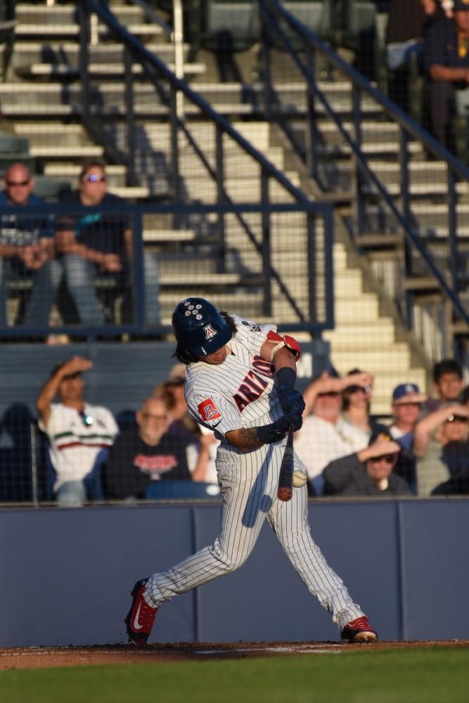 Arizona's junior infielder Nick Quintana at bat during the game against the University of California Berkley Bears on April 13, 2019, at Hi Corbett Field. The game ended in a final score of 7-3, a win for the Bears. 