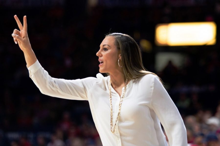 UA Head Coach Adia Barnes shouts from the sideline in the semifinal match against TCU on Wednesday, April 3rd. UA defeated TCU 59-53 and will go on to face Northwestern in the championship match.