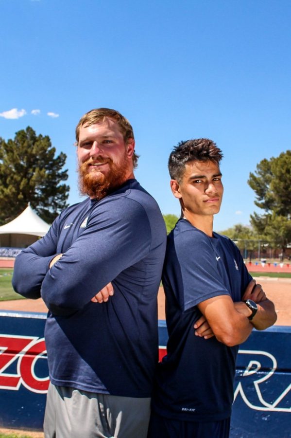 Track and Field stars Jordan Geist and Carlos Villarreal at the U of A track field on Friday April 26, 2019. Villarreal runs long distance and Geist is a shot put and weight thrower.  
 