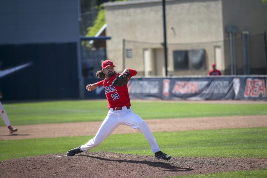 Tucson Ariz.- Pitcher, Zack Sherman (19) closing after starting pitcher Andrew was taken out on Sunday April 14, 2019 at Hi Corbett Field. Arizona wins 4-2 in the series finale against the California Golden Bears.

