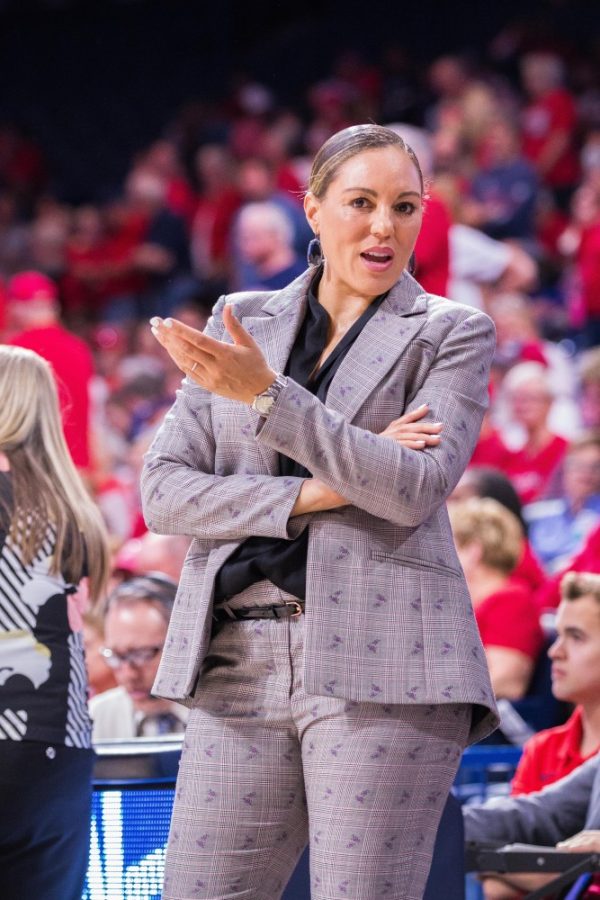 Arizona Womens Basketball head coach Adia Barnes talks to her players during the second half of the Sweet Sixteen game vs Idaho on Thursday, March 28 at McKale Center. 