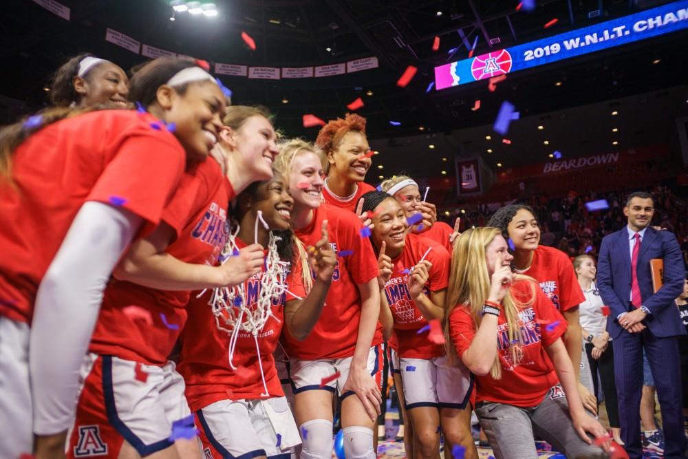 University of Arizona's women's basketball team after winning the WNIT championship against Northwestern on Apr. 6 in Tucson, Ariz.