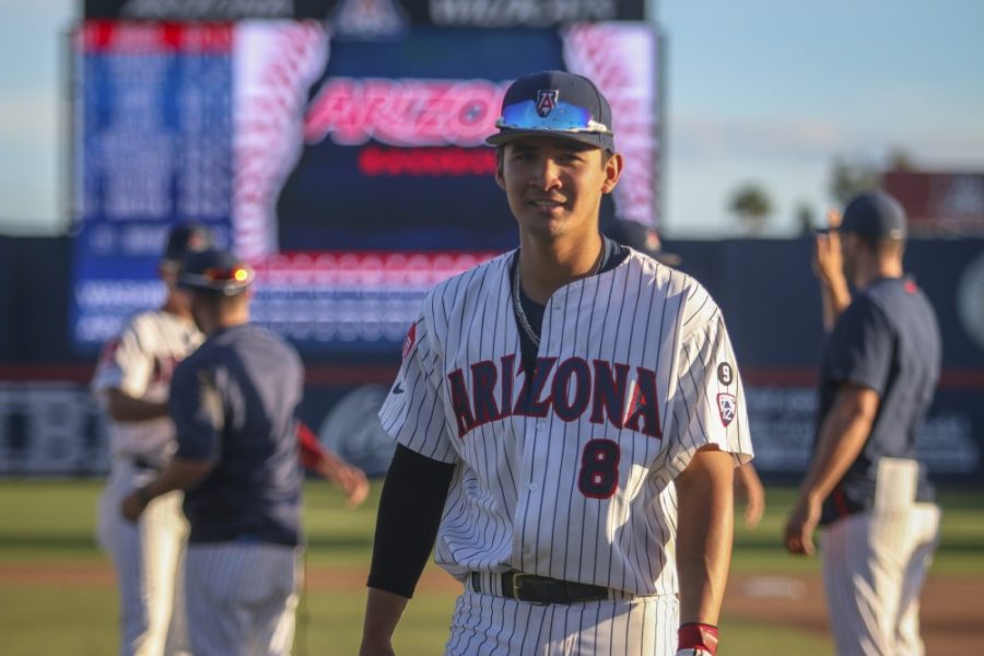 Tucson Ariz.- Infielder, Dayton Dooney (8) hit a two-run home run to right field in the bottom of the first inning on Saturday April 6, 2019. The cats hope to sweep the huskies on Sunday. 