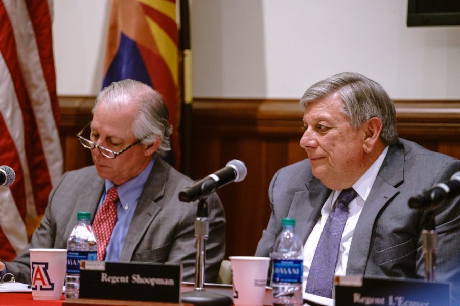 President Robbins and Regents Chair Ron Shoopman listen to concerned community members on Apr. 2 in Tucson, Ariz. The panel was held to discuss potential tuition raises for the state universities.