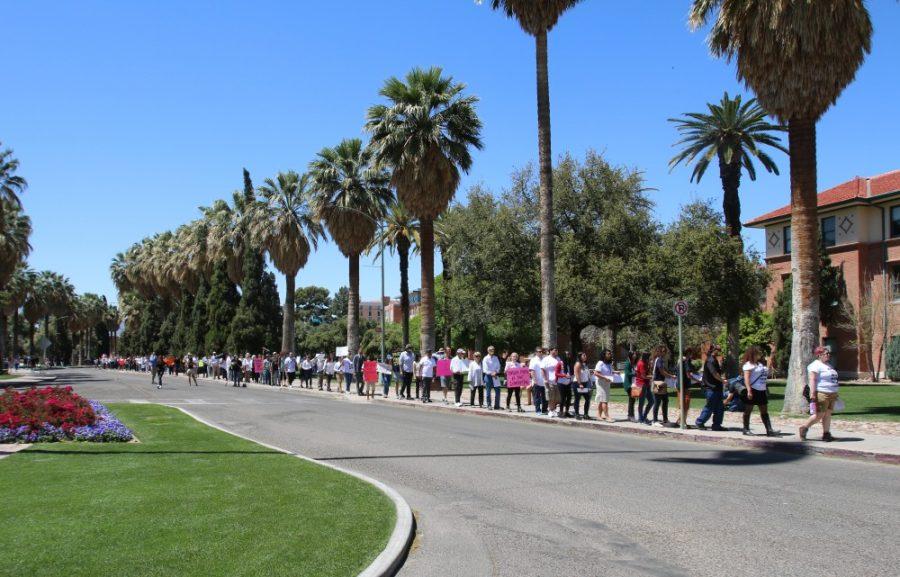 A collation of silent protesters, supporting the Arizona 3 walked to President Robbins office to hand-deliver letters illustrating their frustration with the current border patrol present on campus. The Arizona 3 refers to the three students who are being criminally charged after an incident with Border Patrol on March 19. 