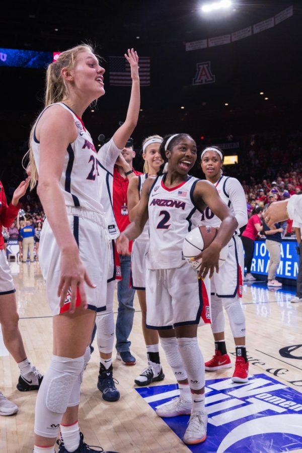 Aari McDonald (2) is all smiles with teammates Cate Reese, Bryce Nixon and Tee Tee Starks after their victory over TCU on Wednesday, April 3rd to advance to the WNIT championship game.