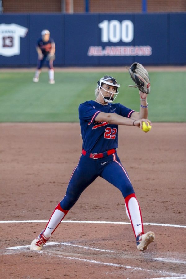 
Alyssa Denham (22) on the mound on Friday April. 19 in Tucson, Ariz. in the Hillenbrand Stadium. Arizona defeats Stanford 13-2 in five innings. 
