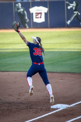 Rylee Pierce (36) jumping to get a high ball on first base on Friday April. 19 in Tucson, Ariz. in the Hillenbrand Stadium. Arizona defeats Stanford 13-2 in five innings.