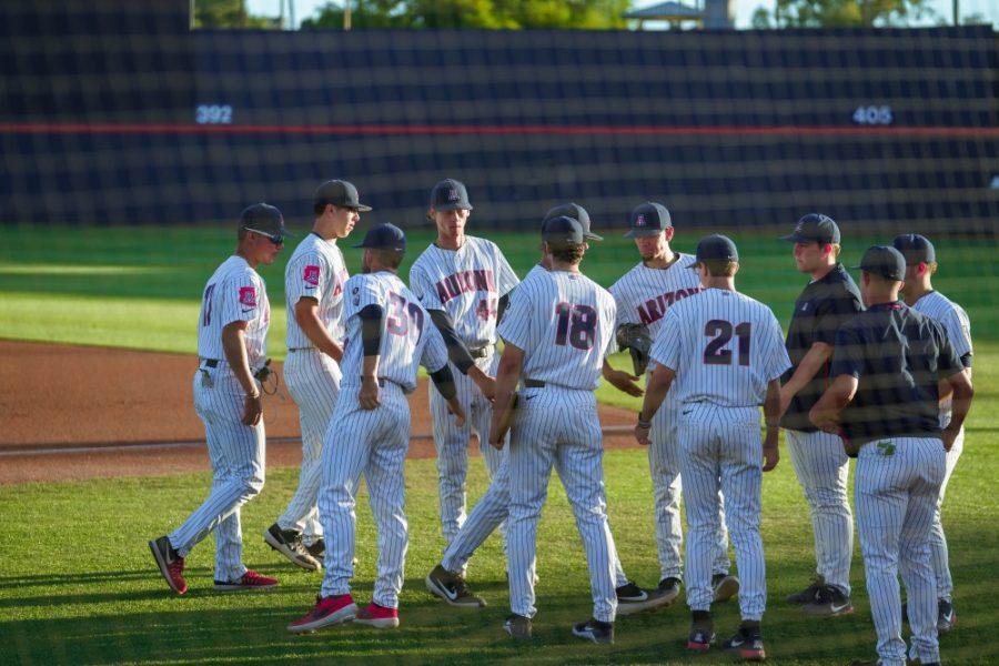 Arizonas baseball team huddles between plays during their game against New Mexico State on Apr. 30 in Tucson, Ariz.