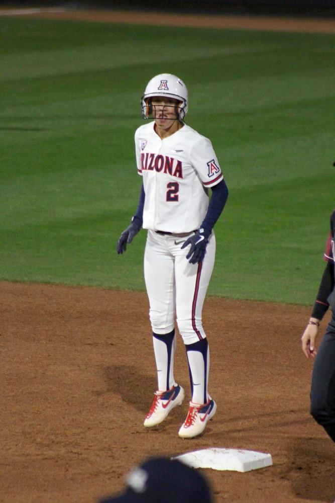 Arizona's Hannah Martinez stands at second base during the Arizona-Harvard NCAA Tournament Regional game at Hillenbrand Stadium on May 17. Arizona won 5-1 and Martinez drove in two runs.