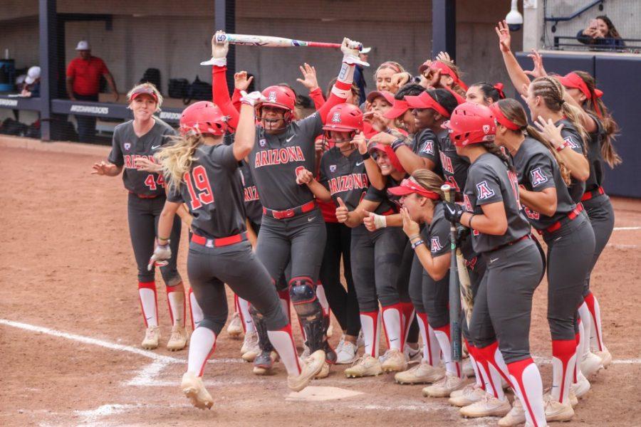 Arizonas+Jessie+Harper+%2819%29+celebrates+with+her+team+after+hitting+a+home+run+against+Auburn+in+the+Tucson+Regional+Championship+at+Hillenbrand+Stadium+on+May+19.+