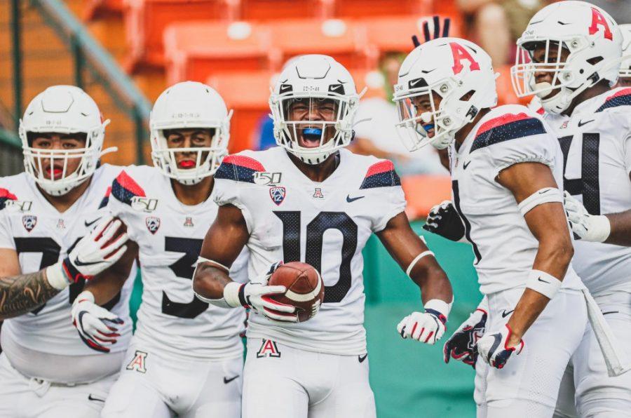 Arizona Wildcats wide receiver Jamarye Joiner (10) roars after his wide open touchdown during the Arizona Wildcats vs. Hawaii Rainbow Warriors college football game on Aug. 24. 2019, at Aloha Stadium in Honolulu, HI.
Photo by Mike Christy / Arizona Athletics