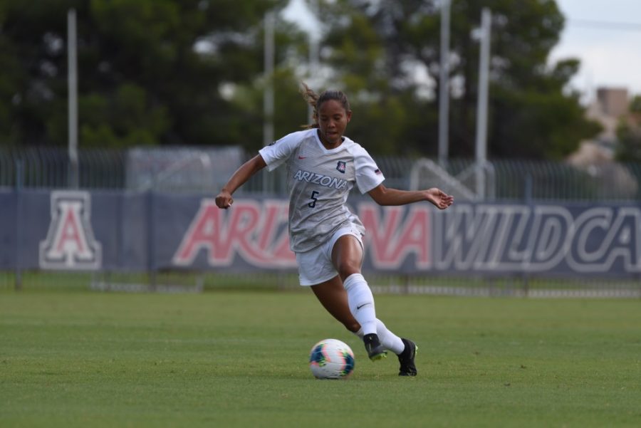 Arizonas sophomore forward Iyana Zimmerman dribbling the ball up the field during the game against University of California Irvine on Sunday, September 8, 2019, at Murphey field. The game ended with a score of 4-0, a win for the Wildcats.
