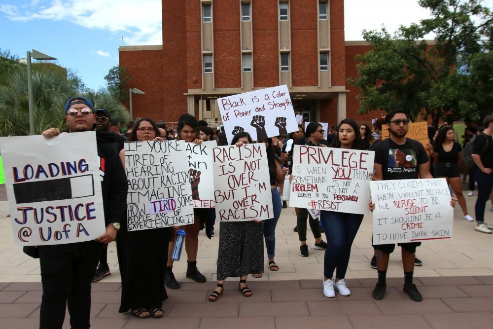 On Friday September 13, the Black Student Union gathered in front of the Administration building to protest the injustice that occurred on Tuesday. Protesters wore black to signify their solidarity of the victim and they started the protest at the MLK building then walked throughout the rest of campus, holding up signs and chanting about the change they want to see at the university. 