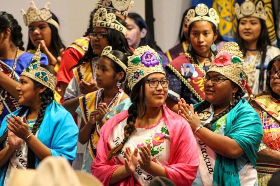 At the beginning of the Native American Pageant, contestants gathered up on stage after being introduced as other royalty from Arizona gathers to welcome them. 