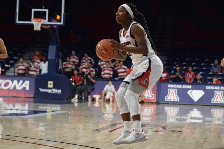 University of Arizona Women’s basketball player Aari McDonald about to shoot the ball during the game against Eastern New Mexico on October 27. UA won the game 85-38.