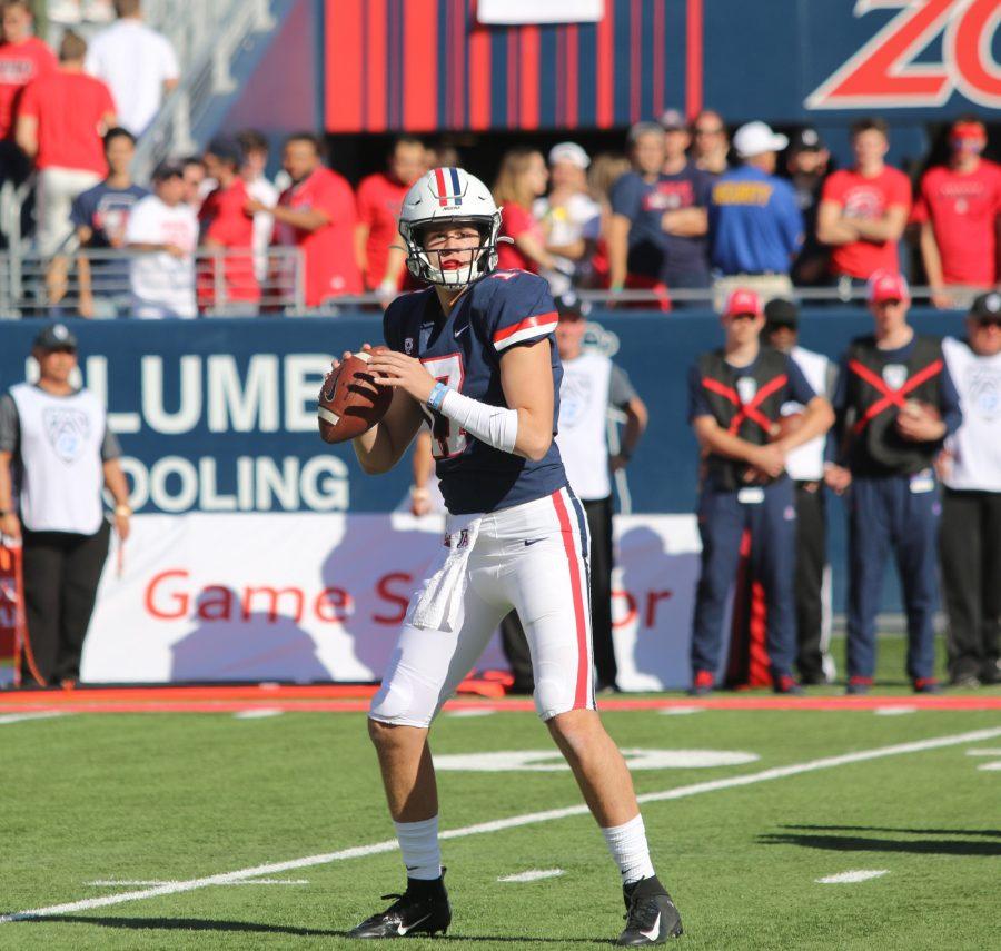 Arizona quarterback Grant Gunnell(17) looks to throw the ball to his teammate during the Arizona-Oregon State game on Saturday November 2 in Tucson.