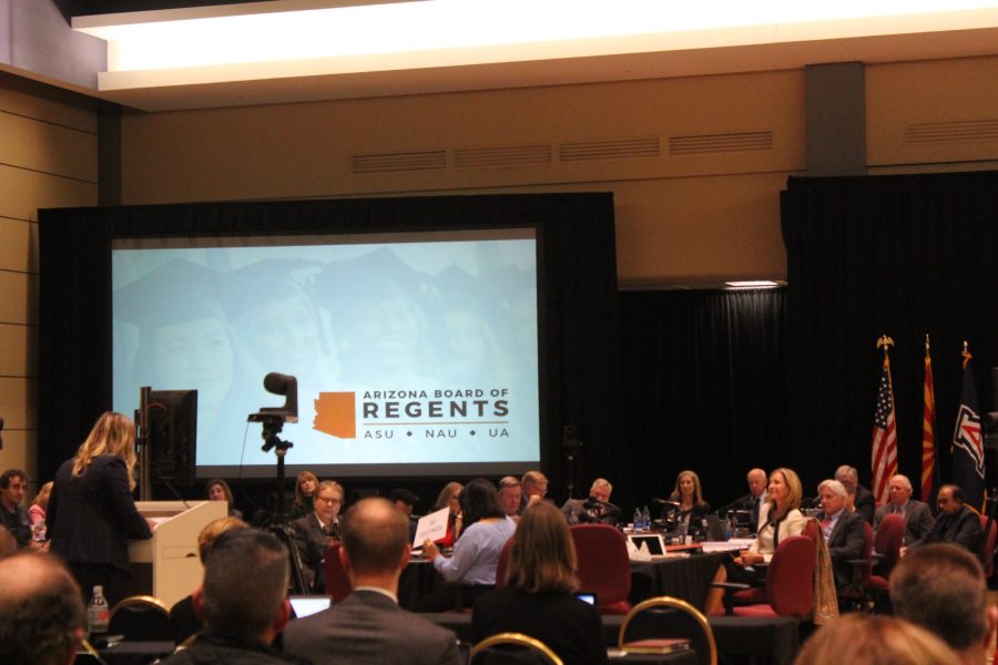 An Arizona Board of Regents meeting. Throughout the meeting, people came up to the podium to discuss important elements of how to run the universities. 