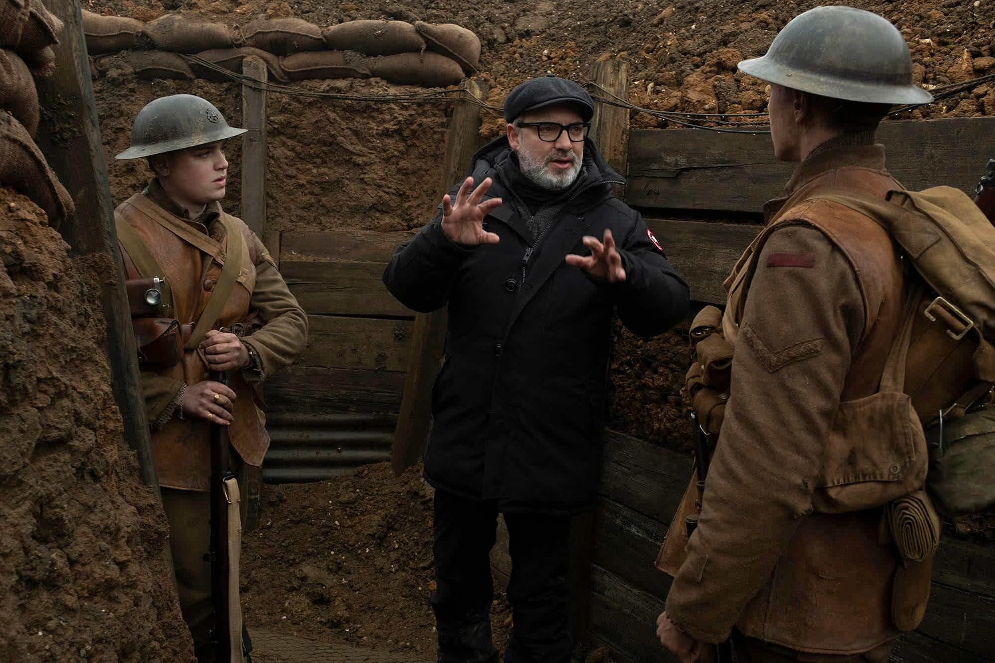 "1917" director Sam Mendes speaks with the film's stars, George MacKay and Dean-Charles Chapman.