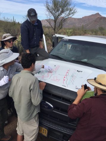 The team discussing the timing of the geologic opening of the Gulf of California on an improvised white board in the field