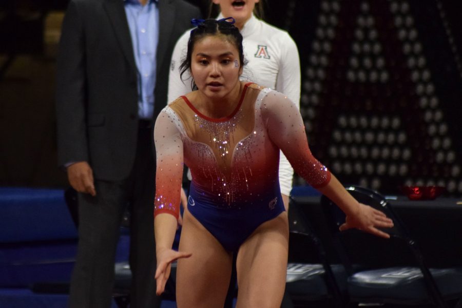 Malia+Hargrove+doing+her+floor+routine+at+the+February+1+meet+against+University+of+Utah.+Hargrove+has+been+training+as+a+gymnast+for+11+years.