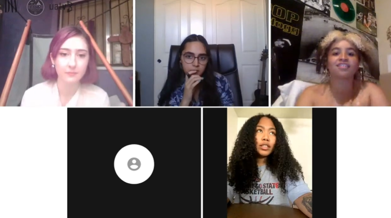Screenshot from Black Voices of Tucson Episode 2.2, featuring March 4 Justice Tucson founders Jasmine Drummer, Tiana McDaniel and Jovanna, hosted by Daily Wildcat Arts Editor Ella McCarville and News Editor Priya Jandu.