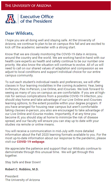 Screenshot of the email President Dr. Robert C. Robbins sent July 10 to the UA community with updates on a possible return to campus in the fall.