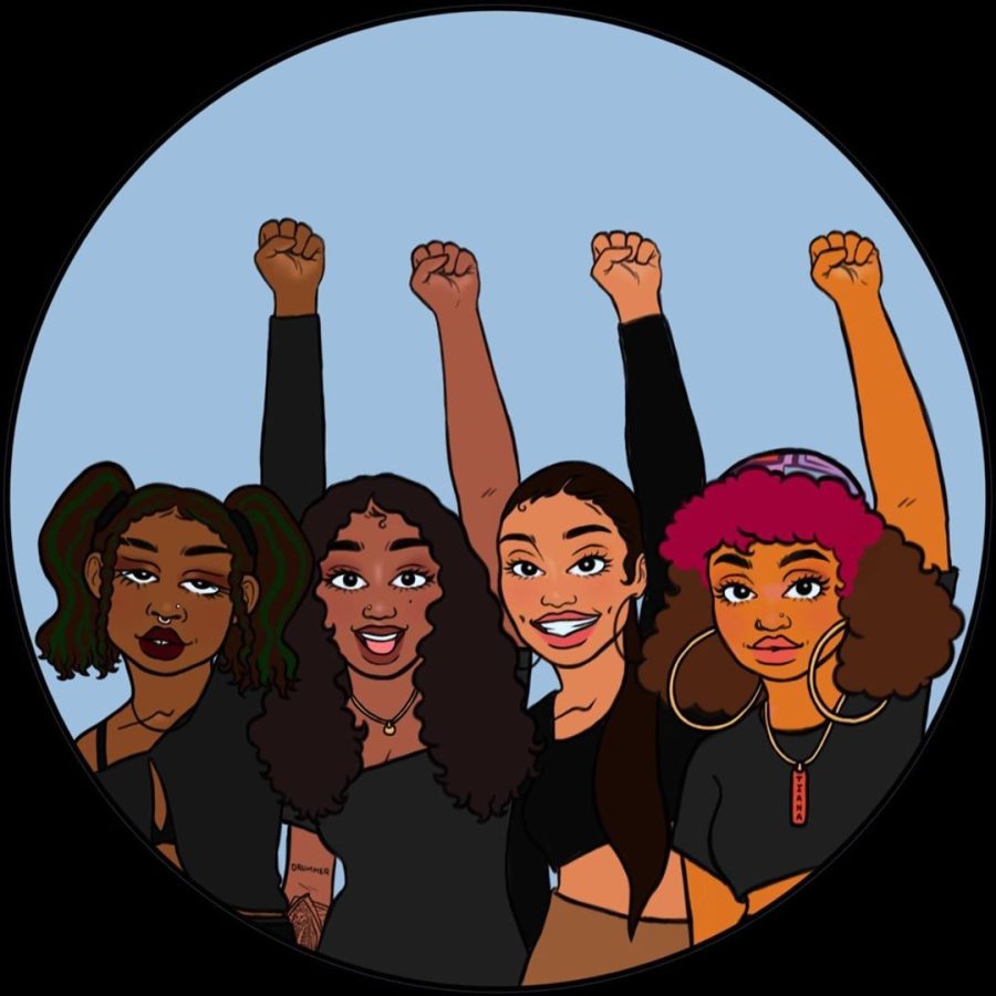 March 4 Justice Tucson founders digitized from left to right: Jovanna Conde, Jasmine Drummer, Tiana McDaniel and Mariah Barnett. Graphic courtesy of artist Des Grayson (IG @misteryucky).