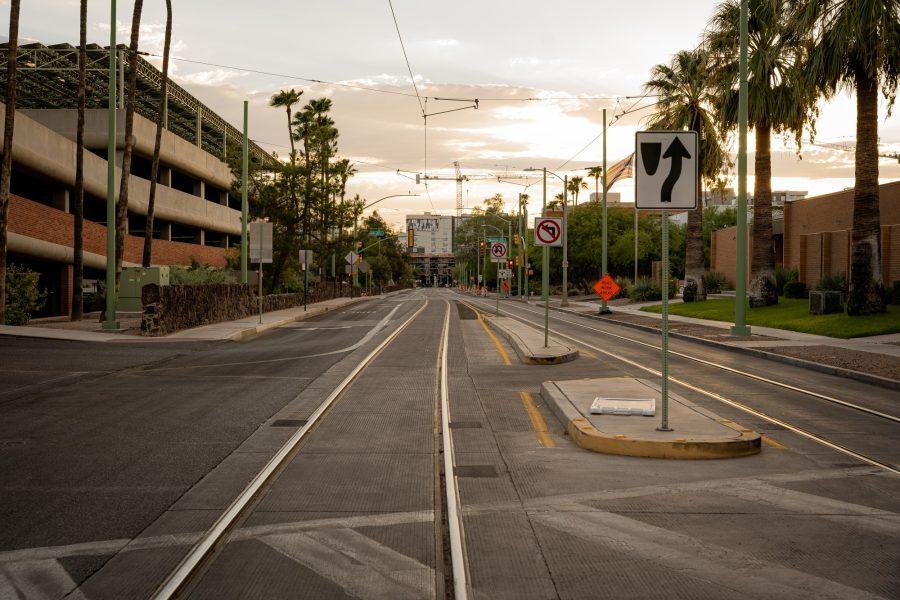A sunset photo of the Tucson Sunlink tracks around the education building located on UA campus on Aug. 10, 2020.