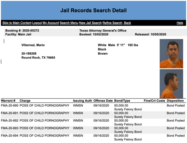 Jail records from Williamson County, Texas indicate that former University of Arizona faculty member Dr. Mario Villarreal was arrested on five counts of child pornography. 