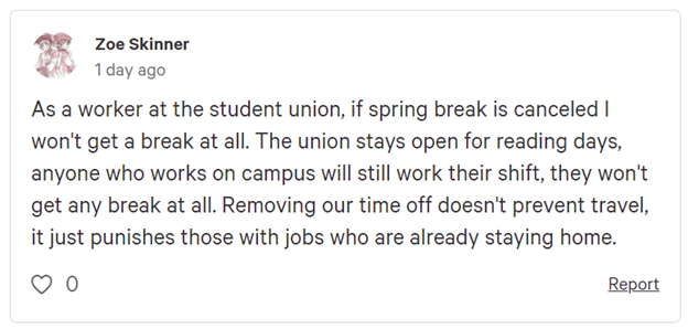 A screenshot of a comment on the Keep Spring Break 2021 peition.