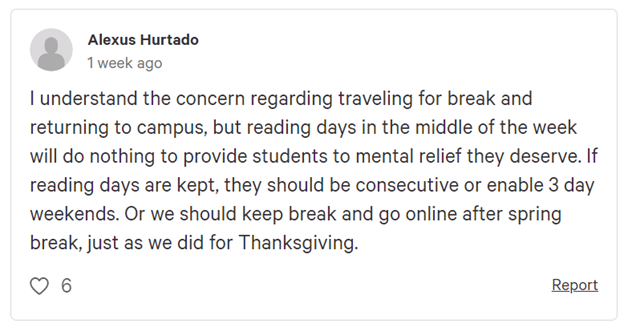 A screenshot of a comment on the Keep Spring Break 2021 petition.