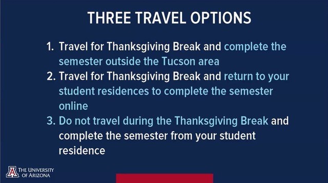 Screenshot of the travel options available to the University of Arizona community, outlined by the Reentry Task Force Oct. 26. 