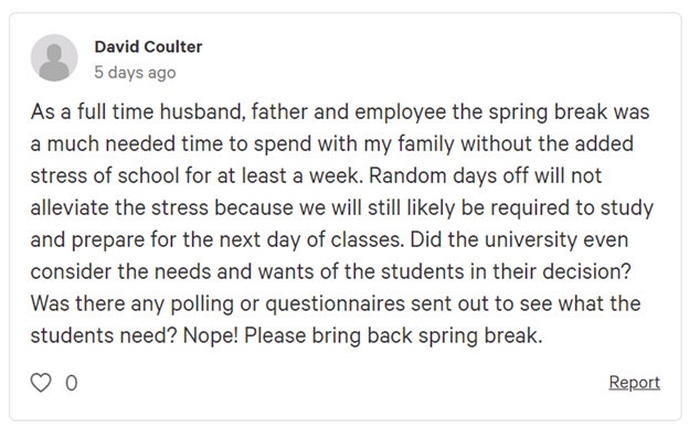 A screenshot of a comment on the Keep Spring Break 2021 petition.