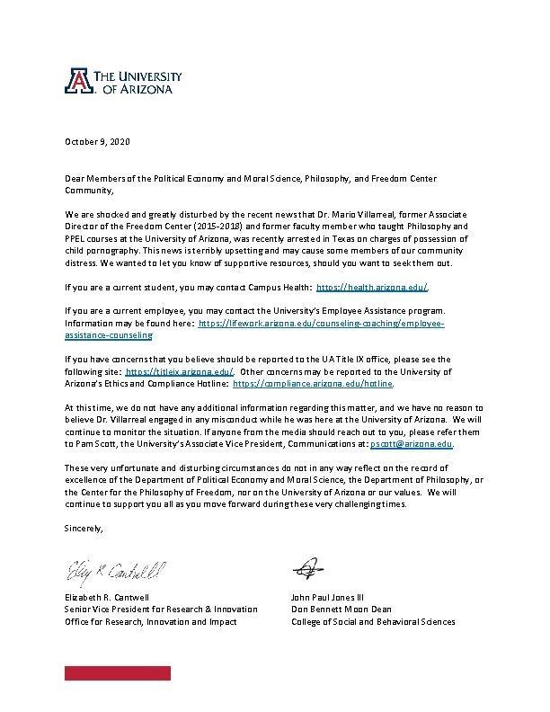 University of Arizona College of Social and Behavioral Science Dean John Paul Jones III released a letter Friday explaining the charges against former faculty member Dr. Mario Villarreal. 