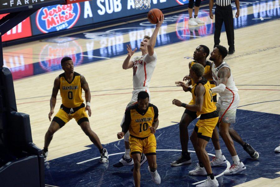 Arizona Wildcats forward Azuolas Tubelis (10) puts up a layup against the Grambling State Tigers during the first half at McKale Center on Nov 27, 2020 in Tucson, Arizona. (Courtesy - Joe Camporeale/USA TODAY Sports)