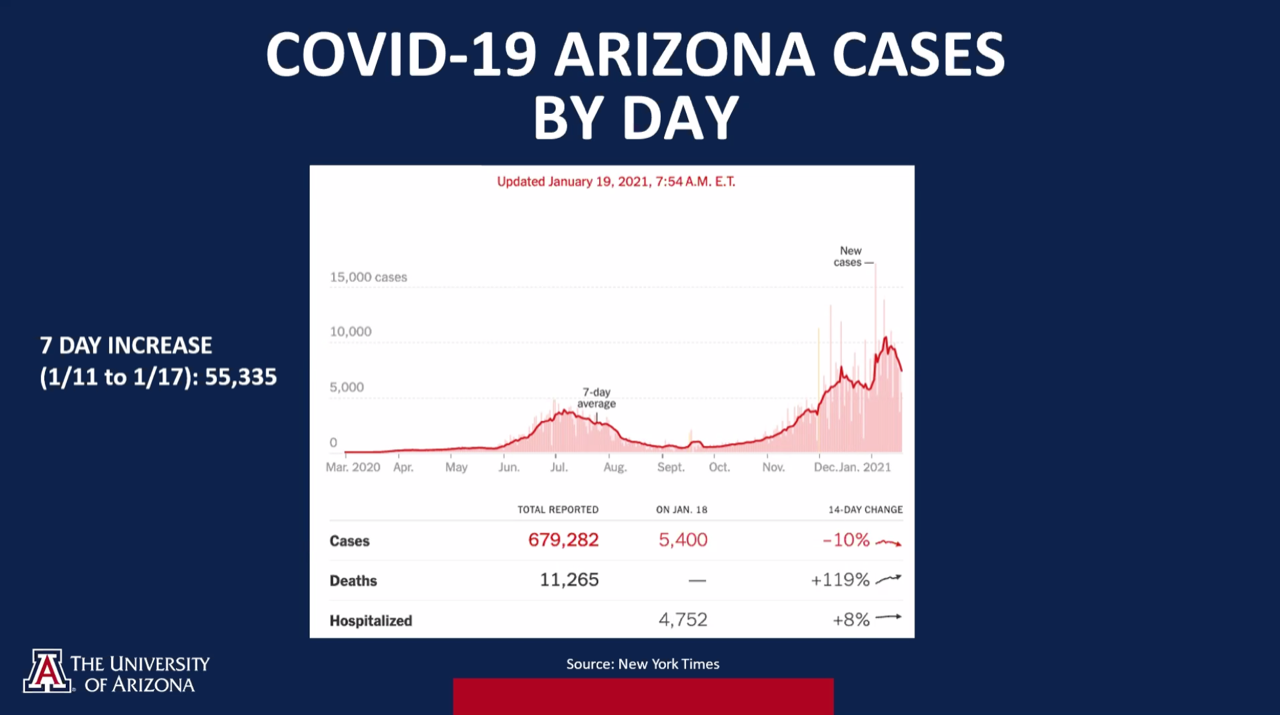 Screenshot of COVID-19 cases in Arizona by day; though cases have slightly decreased, task force Director Dr. Richard Carmona warned against complacency. 