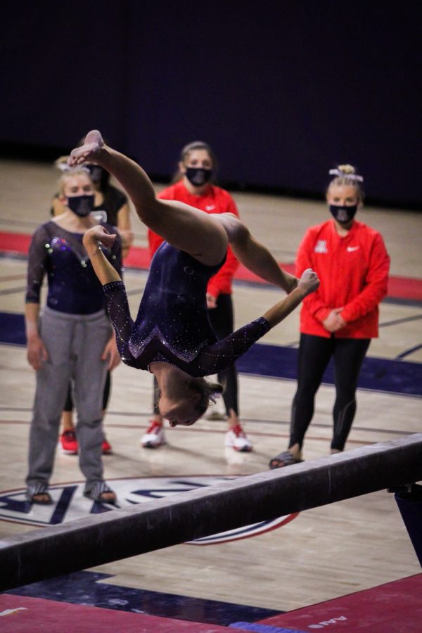 The Arizona gymnastics team competed in a meet in McKale Center on Saturday, Feb. 20, 2021, in Tucson. 